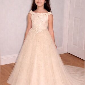 Veaul Elegant Cream & Gold Flower Girl Dress Long train Floral Embroidered